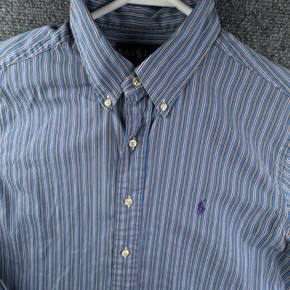 Ralph Lauren Button Up Shirt Long Sleeve Blue Red Striped Classic Fit 15.5 32/33 - Picture 1 of 11